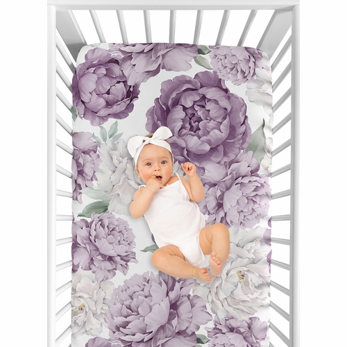 Peony Floral Garden Lavender Purple and Ivory Collection Crib Sheet - alt image 3