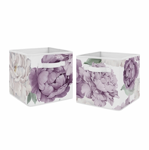 Peony Floral Garden Lavender Purple and Ivory Collection Foldable Fabric Storage Bins