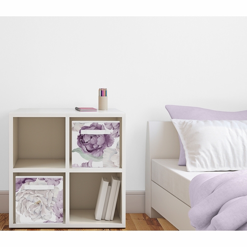 Peony Floral Garden Lavender Purple and Ivory Collection Foldable Fabric Storage Bins - alt image 1