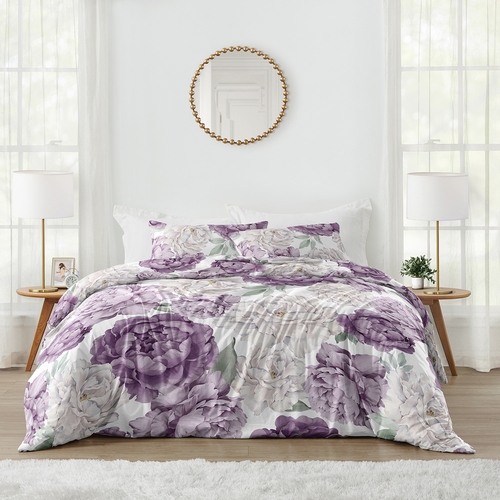 Peony Floral Garden Lavender Purple and Ivory Collection Full/Queen Bedding
