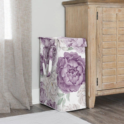 Peony Floral Garden Lavender Purple and Ivory Collection Laundry Hamper with Handles - alt image 1