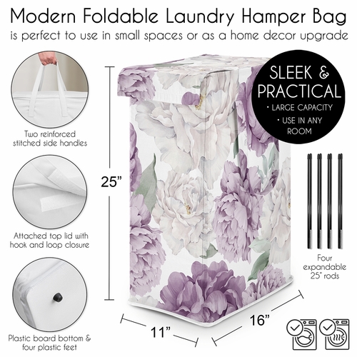 Peony Floral Garden Lavender Purple and Ivory Collection Laundry Hamper with Handles - alt image 4