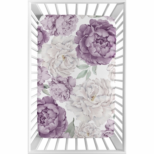 Peony Floral Garden Lavender Purple and Ivory Collection Mini Crib Sheet