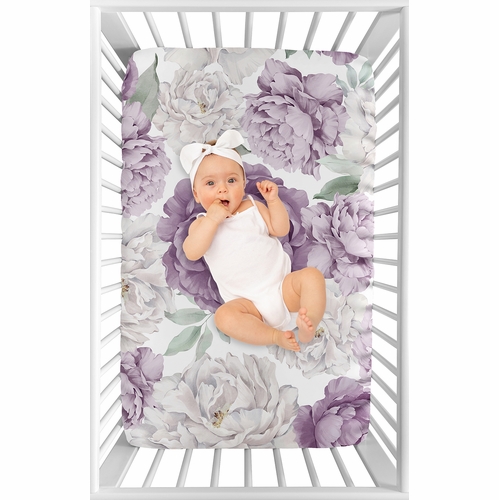 Peony Floral Garden Lavender Purple and Ivory Collection Mini Crib Sheet - alt image 2