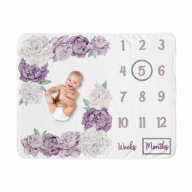 Peony Floral Garden Lavender Purple and Ivory Collection Monthly Milestone Baby Blanket