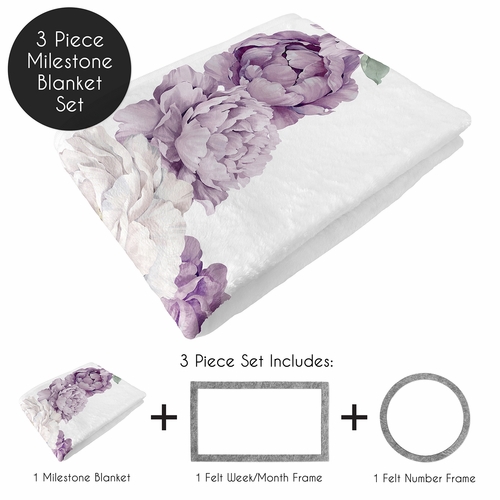 Peony Floral Garden Lavender Purple and Ivory Collection Monthly Milestone Baby Blanket - alt image 1