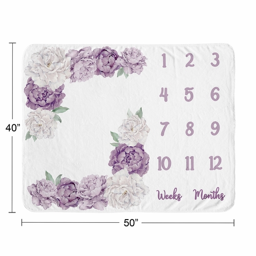 Peony Floral Garden Lavender Purple and Ivory Collection Monthly Milestone Baby Blanket - alt image 3