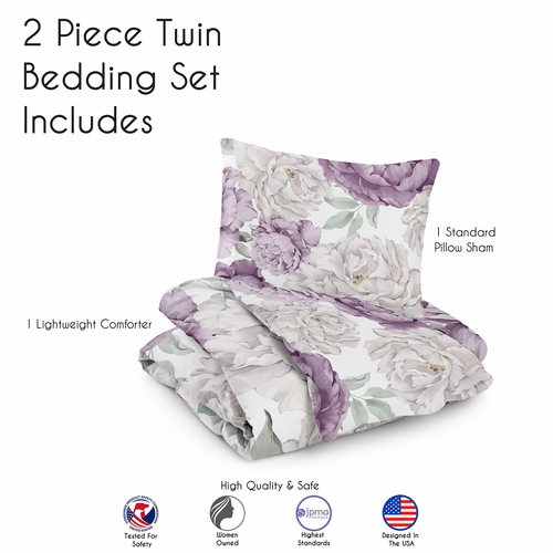 Peony Floral Garden Lavender Purple and Ivory Collection Twin Bedding - alt image 4