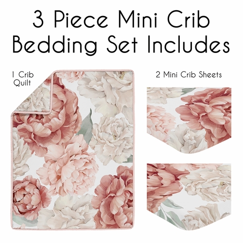 Peony Floral Garden Pink and Ivory Collection 3 Piece Mini Crib Bedding Set - alt image 1