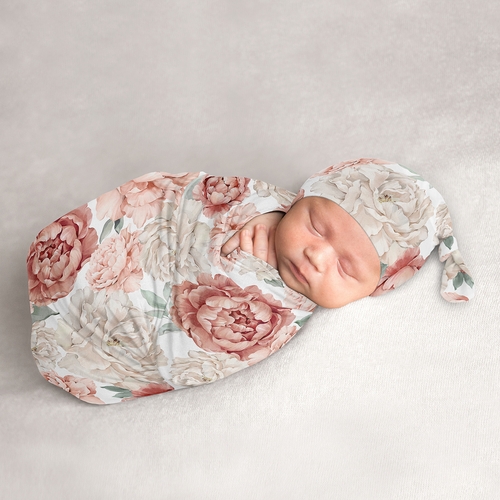 Peony Floral Garden Pink and Ivory Collection Baby Cocoon and Beanie Hat - 2 Piece Set
