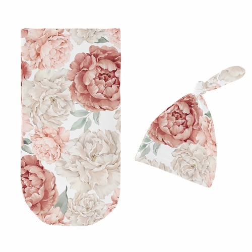 Peony Floral Garden Pink and Ivory Collection Baby Cocoon and Beanie Hat - 2 Piece Set - alt image 1