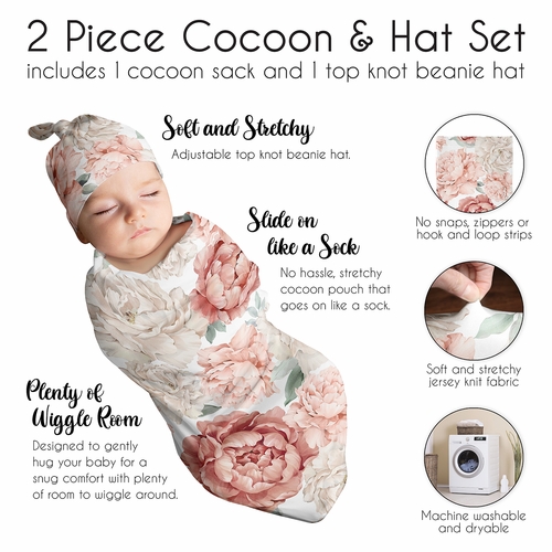 Peony Floral Garden Pink and Ivory Collection Baby Cocoon and Beanie Hat - 2 Piece Set - alt image 5