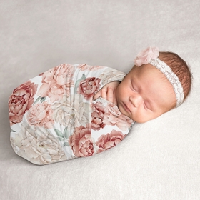 Peony Floral Garden Pink and Ivory Collection Baby Swaddle Blanket