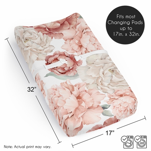 Peony Floral Garden Pink and Ivory Collection Changing Pad Cover Sheet - alt image 5