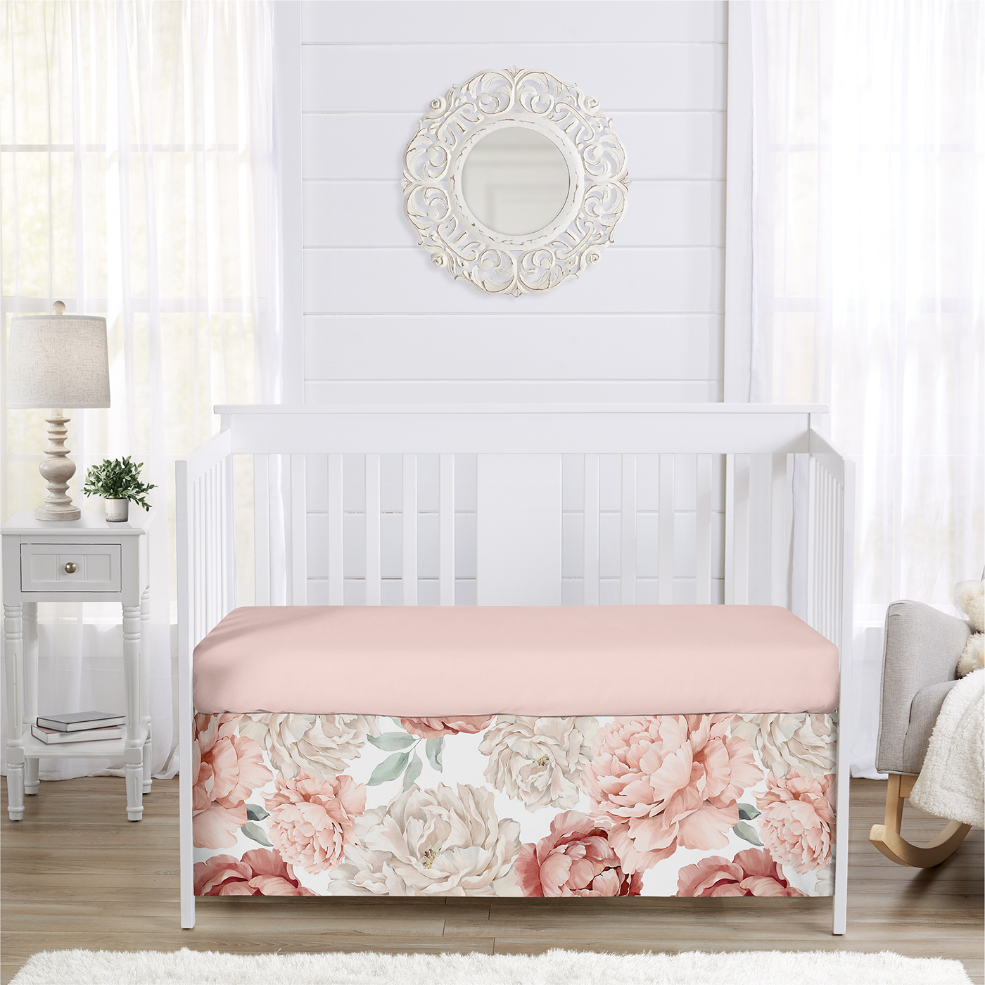 Peony Floral Garden Pink and Ivory Collection Crib Bed Skirt