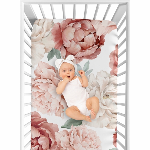 Peony Floral Garden Pink and Ivory Collection Crib Sheet - Oversized Flower Print - alt image 3