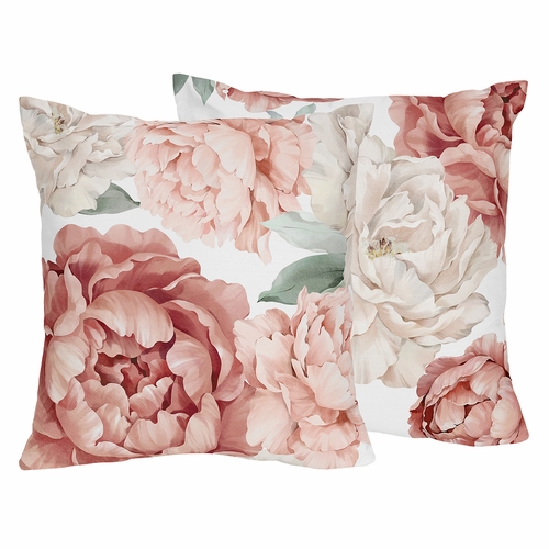 Peony Floral Garden Pink and Ivory Collection Decorative Accent Throw Pillows - Set of 2