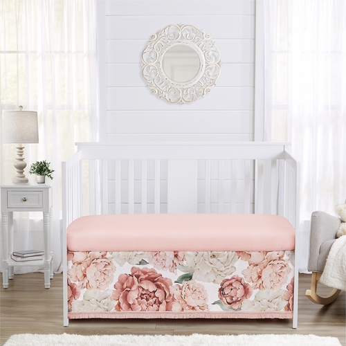 Peony Floral Garden Pink and Ivory Collection Fringe Crib Bed Skirt - alt image 1