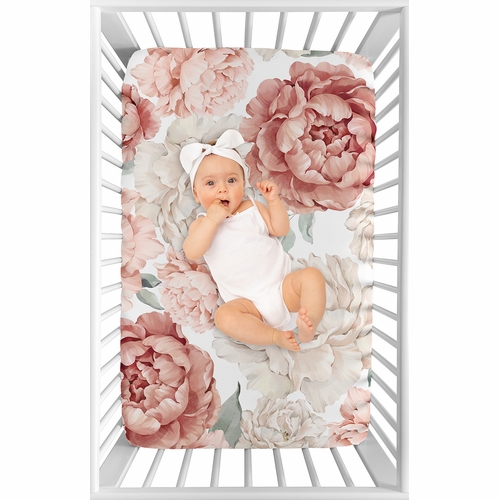 Peony Floral Garden Pink and Ivory Collection Mini Crib Sheet - alt image 2
