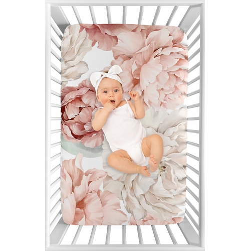 Peony Floral Garden Pink and Ivory Collection Mini Crib Sheet - Oversized Flower Print - alt image 2