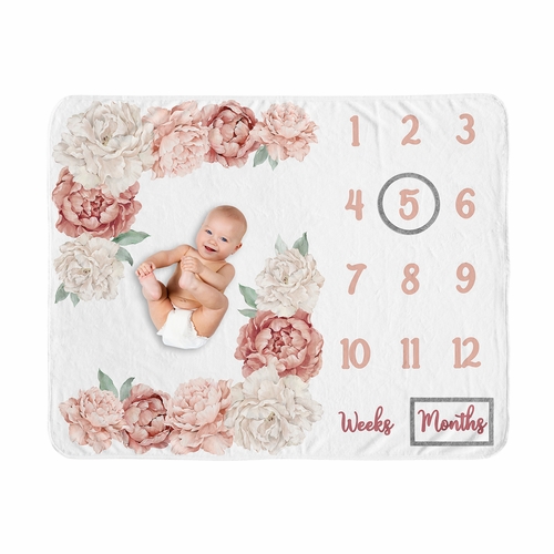 Peony Floral Garden Pink and Ivory Collection Monthly Milestone Baby Blanket