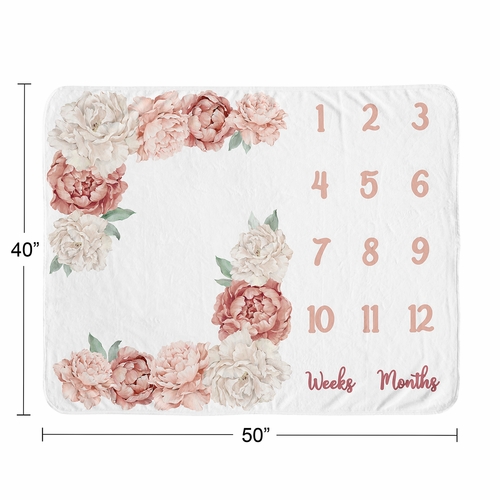 Peony Floral Garden Pink and Ivory Collection Monthly Milestone Baby Blanket - alt image 3