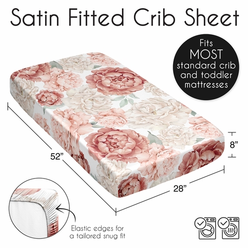 Peony Floral Garden Pink and Ivory Collection Satin Fitted Crib Sheet - alt image 5
