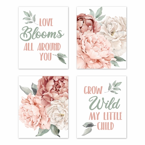 Peony Floral Garden Pink and Ivory Collection Wall Art Prints - Set of 4