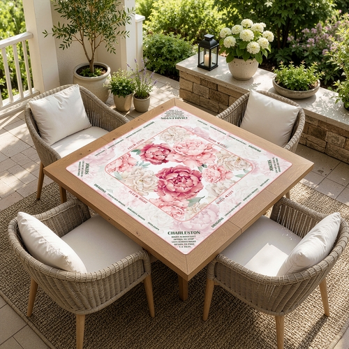 Peony Floral Garden Pink & Ivory Collection Mahjong Mat for Table with Rules - Shipped Rolled - alt image 1
