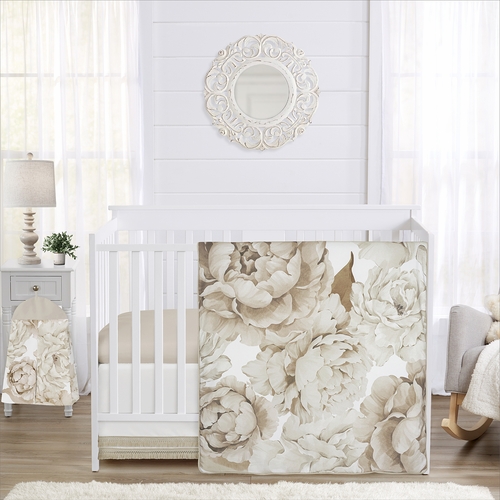 Peony Floral Garden Taupe and Ivory Collection 4 Piece Crib Bedding
