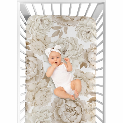 Peony Floral Garden Taupe and Ivory Collection Crib Sheet - alt image 3