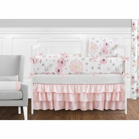 Pink and Grey Watercolor Floral  9 Piece Crib Bedding Collection