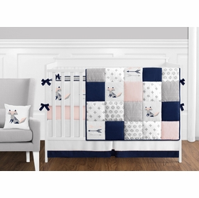 Pink and Navy Fox Patch 9 Piece Crib Bedding Collection