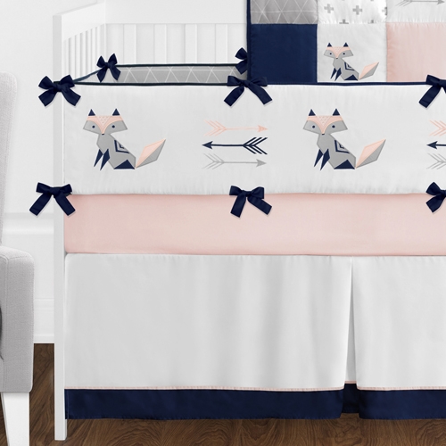 Pink and Navy Fox Patch 9 Piece Crib Bedding Collection - alt image 2