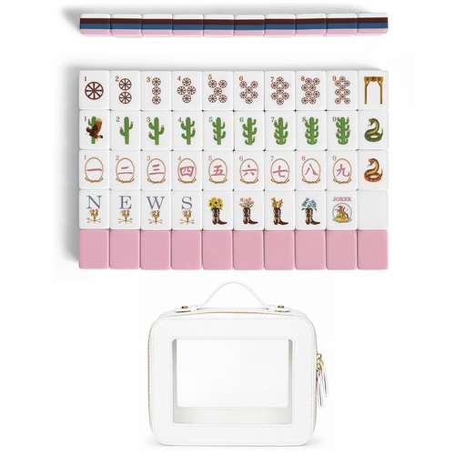 Pink Western Collection American Mahjong Tile Set (160pc) 1.24in. Layered Acrylic with White Faux Leather Travel Bag
