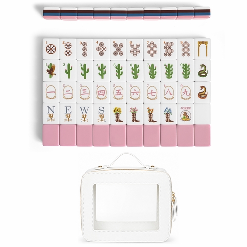 Pink Western Collection American Mahjong Tile Set (160pc) 1.26in. Layered Acrylic with White Faux Leather Travel Bag