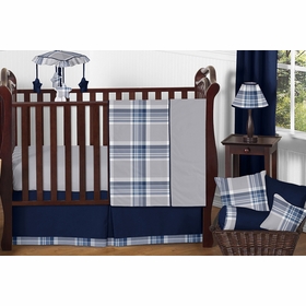 Plaid Navy Blue and Gray 11 Piece Bumperless Crib Bedding Collection
