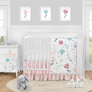 Pop Floral Pink and Blue Collection 4 Piece Crib Bedding