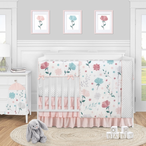 Pop Floral Pink and Blue Collection 5 Piece Crib Bedding