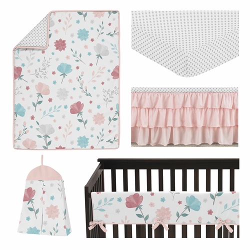Pop Floral Pink and Blue Collection 5 Piece Crib Bedding - alt image 1