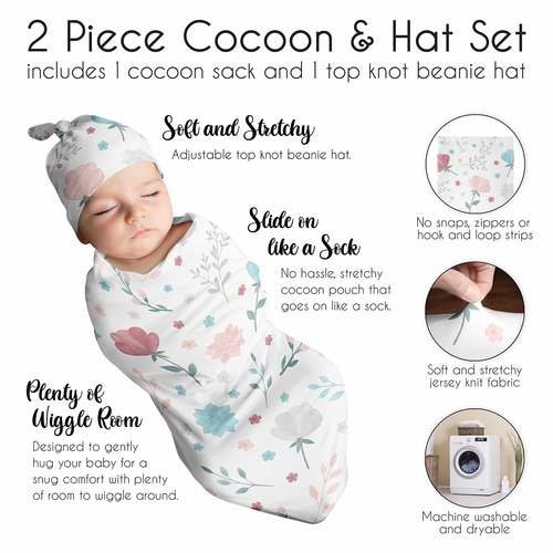 Pop Floral Pink And Blue Collection Baby Cocoon and Beanie Hat - 2 Piece Set - alt image 5