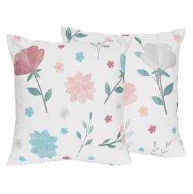 Pop Floral Pink and Blue Collection Decorative Accent Throw Pillows - Set of 2