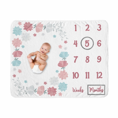 Pop Floral Pink and Blue Collection Monthly Milestone Baby Blanket