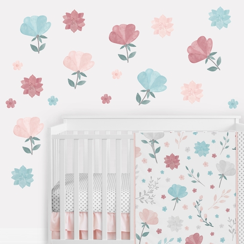 Pop Floral Pink And Blue Collection Peel and Stick Wall Decal Stickers - Set of 4 Sheets