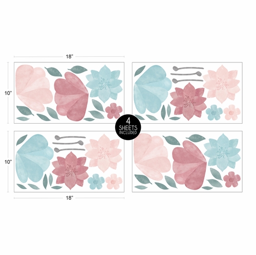 Pop Floral Pink And Blue Collection Peel and Stick Wall Decal Stickers - Set of 4 Sheets - alt image 3