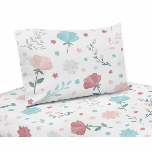 Pop Floral Pink and Blue Collection Twin Sheet Set