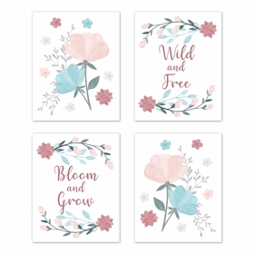 Pop Floral Pink and Blue Collection Wall Art Prints - Set of 4