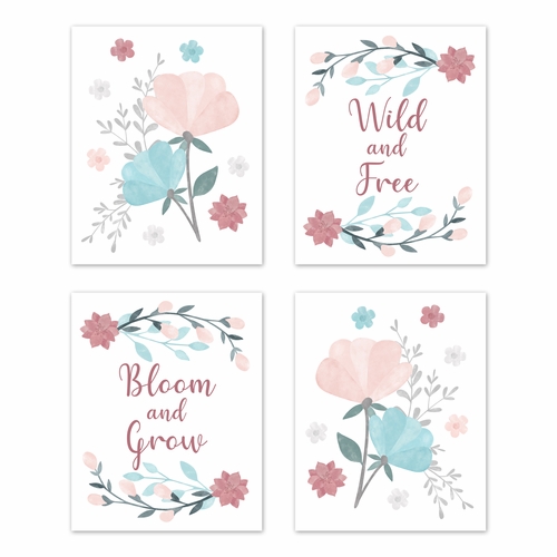Pop Floral Pink and Blue Collection Wall Art Prints - Set of 4