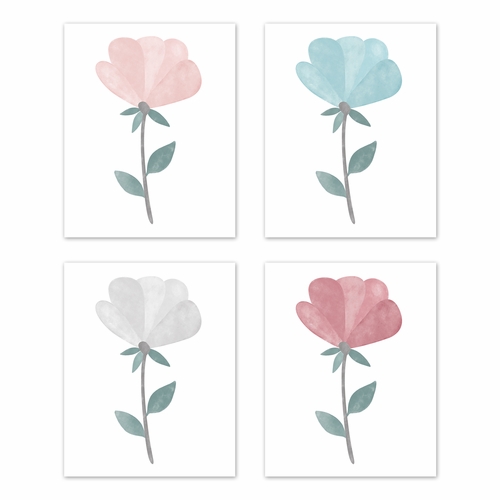 Pop Floral Pink and Blue Collection Wall Art Prints - Set of 4 - Single Flower