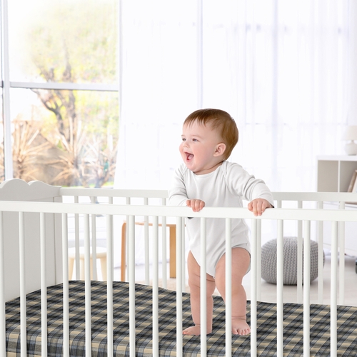 Rustic Patch Blue and Tan Collection Plaid Crib Sheet - alt image 1